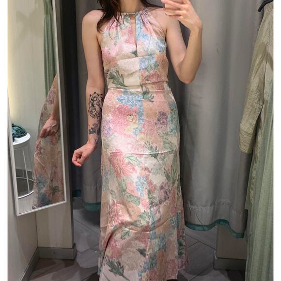 H&M Dress Women M Satin Floral Maxi Lined Halter Keyhole Romantic Wedding Guest - Picture 14 of 15